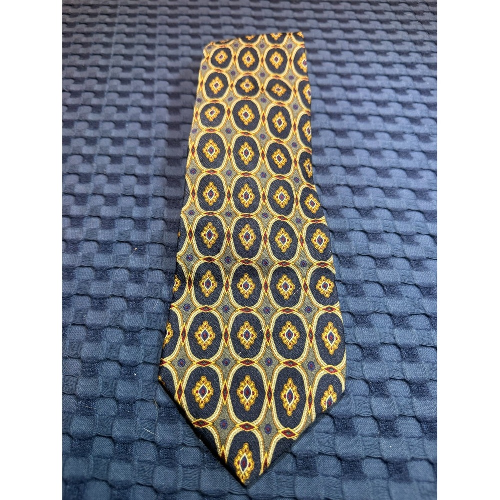 Geoffrey Beene 100% Silk Necktie Gold Black Geometric Tie Vintage